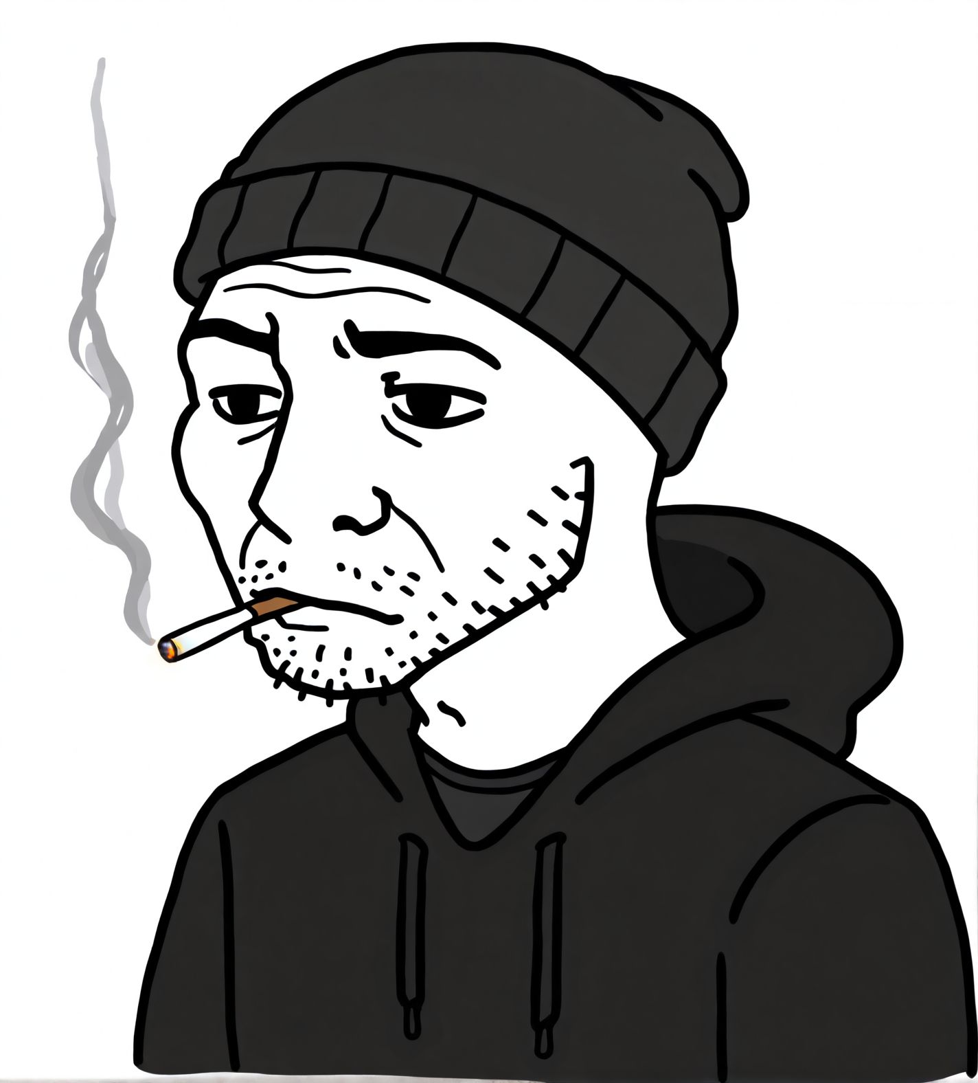 toon \(style\), 2d,
<lora:Wojak_style:1.1>Wojak style,
cigarette,1boy,male focus,
smoking,solo,beanie,
hat,facial hair,hood,hoodie,
wojak style,stubble,