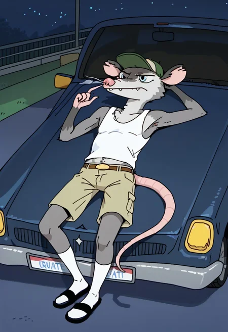 Score_9, score_9_up, solo, 1boy, furry, animal, oppossum, pink nose, blue eyes, grey fur, rat tail, opossum tail, animal ears, tank top, cap, green cap, shorts, socks, flip flops, sandals, wiskers, lying against a car, night, gas station, Expressiveh