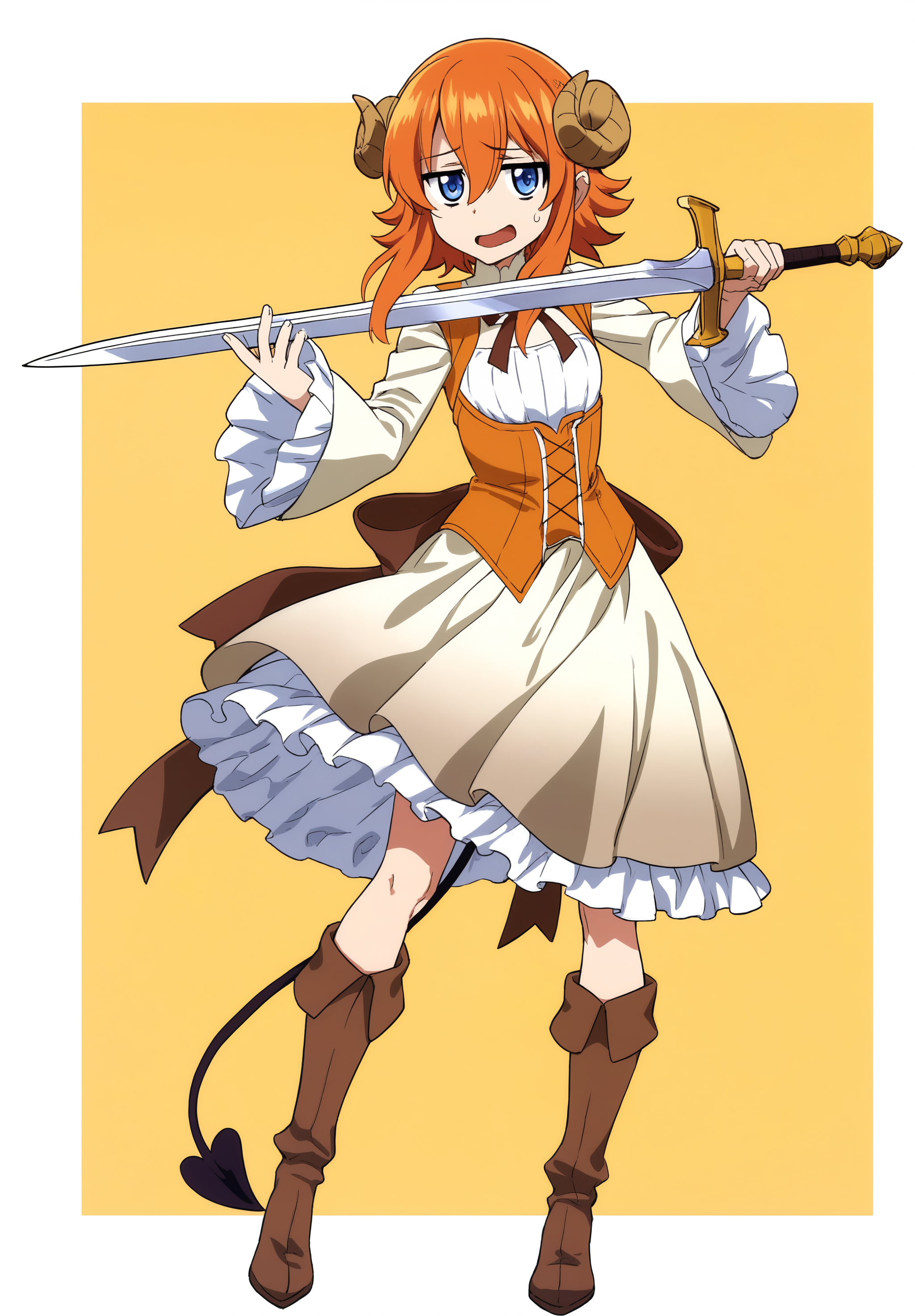 masterpiece,absurdres,best quality,high quality,<lora:MeMaXL5 Type B Vpred Noob:1>,1girl,blue eyes,border,brown footwear,brown ribbon,brown skirt,demon girl,demon horns,dress,full body,hair between eyes,holding,holding sword,holding weapon,horns,orange corset,orange hair,outside border,petticoat,ribbon,sidelocks,skirt,solo,sword,weapon,white border,white dress,wide sleeves,jitome,worried,smirk,open mouth,