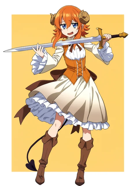 masterpiece,absurdres,best quality,high quality,<lora:MeMaXL5 Type B Vpred Noob:1>,1girl,blue eyes,border,brown footwear,brown ribbon,brown skirt,demon girl,demon horns,dress,full body,hair between eyes,holding,holding sword,holding weapon,horns,orange corset,orange hair,outside border,petticoat,ribbon,sidelocks,skirt,solo,sword,weapon,white border,white dress,wide sleeves,jitome,worried,smirk,open mouth,