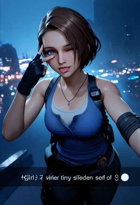masterpiece, best quality, outdoors, cityscape, city lights, building, night, 1girl, solo, blue eyes, brown hair, short hair, blue eyes, brown hair, short hair, swept bangs, blue tank top, white undershirt, sleeveless, bare shoulders, shoulder holster, flashlight, pendant, single elbow pads, black gloves, fingerless gloves, black belt, belt pouch, walkie-talkie, police badge, black pants, thigh holster, looking at viewer,   <lora:Jill Valentine Default RE3 2020 V2.1:1>
selfie, recording, snapchat, tongue out, one eye closed, v over eye