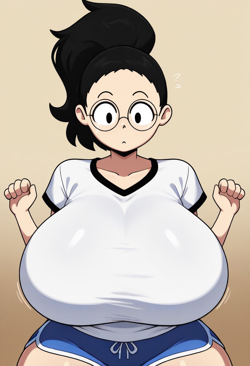 ,white shirt,blue shorts,
black hair,ponytail,round glasses,
huge breasts
upper body