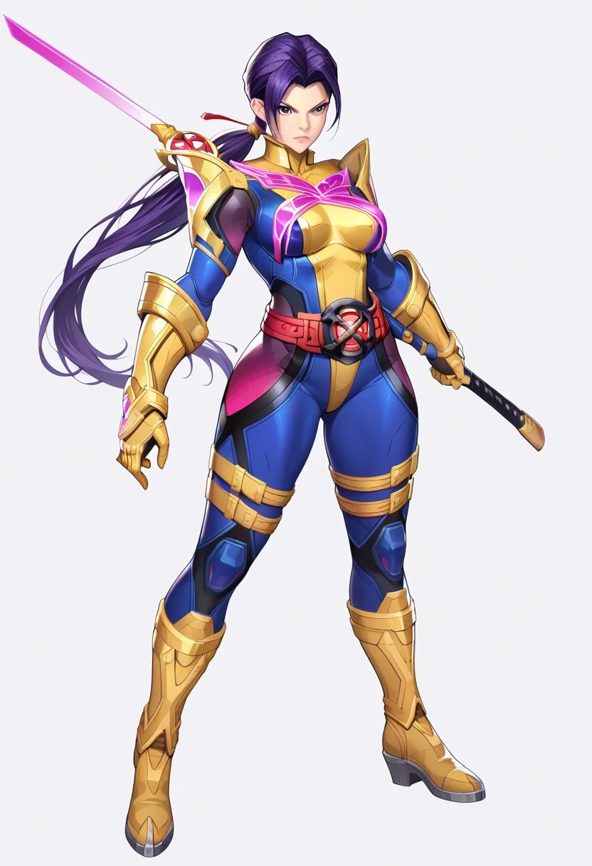 (score_9, score_8, score_7), masterwork, masterpiece, psylocke, 1girl, solo, beautiful eyes, beautiful face, detailed eyes, detailed face,
long purple ponytail, serious look, yellow armored boots and gloves, glowing pink chest insignia, red belt, cyber armor suit with sleek black and pink contour panels, anime hero design, full body. tight blue and yellow bodysuit, glowing pink butterfly symbol on chest, red X-emblem belt, metallic yellow gauntlets and boots, pink mesh panels on thighs, black contour lines on hips and torso, fighting pose, dynamic pose, dynamic angles