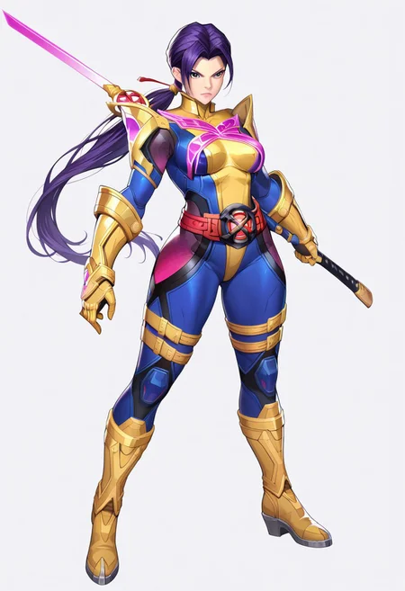 (score_9, score_8, score_7), masterwork, masterpiece, psylocke, 1girl, solo, beautiful eyes, beautiful face, detailed eyes, detailed face,
long purple ponytail, serious look, yellow armored boots and gloves, glowing pink chest insignia, red belt, cyber armor suit with sleek black and pink contour panels, anime hero design, full body. tight blue and yellow bodysuit, glowing pink butterfly symbol on chest, red X-emblem belt, metallic yellow gauntlets and boots, pink mesh panels on thighs, black contour lines on hips and torso, fighting pose, dynamic pose, dynamic angles