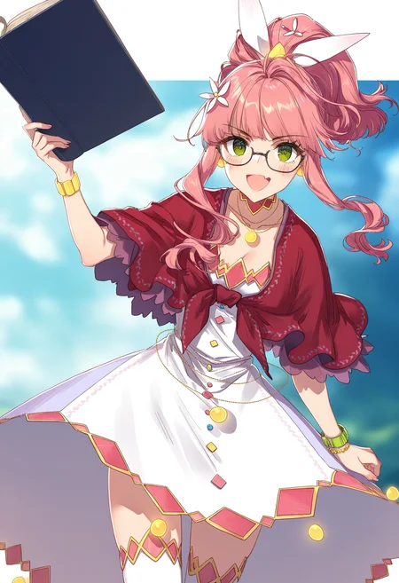 1girl, solo,
<lora:shiMengdengV1:1>, shifanciadream, long hair, ponytail, green eyes, pink hair, sidelocks, hair flower,
hair ornament, jewelry, bracelet, necklace, medium breasts,
white dress, red capelet, thighhighs, red footwear,
1girl, cowboy shot, solo, holding book, glasses, book,long sleeves, looking at viewer, open clothes,skin fang, smile, :d, blush, open mouth, masterpiece, best quality, very aesthetic, highres, absurdres, sensitive