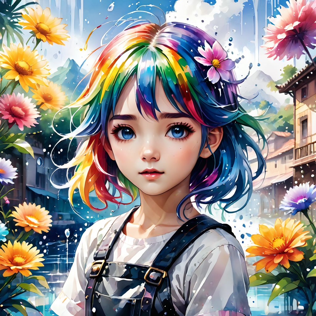 ink splashing,semi realistic, 2d game scene,oil and watercolor painting,
 <lora:fantasy_world:1>ï¼
8k Wallpaper,grand,(((masterpiece))), (((best quality))), ((ultra-detailed)), (illustration), ((an extremely delicate and beautiful)),dynamic angle,rainbow hair,detailed cute anime face,((little girl)),(((masterpiece))),an extremely delicate and beautiful girl,flower,cry,water,corrugated,flowers tire,broken glass,(broken screen),atlantis,transparent glass