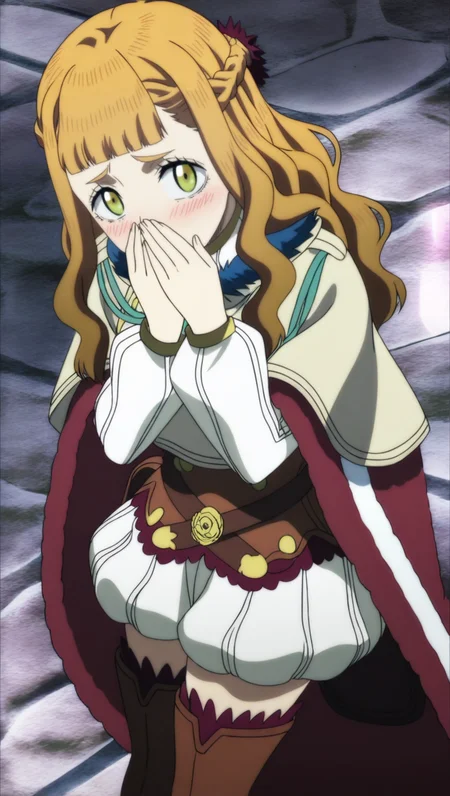 source_anime, masterpiece, best quality, amazing quality, anime screencap, high quality, 8k, absurdres, official style, 1girl, solo, looking at viewer, hands over mouth, blush, happy, standing, <lora:Mimosa_Spade_iL:1>, m1m054 spade, long hair, brown hair, green eyes, bangs, braid, french braid, magic knight outfit, beige capelet, white sweater, brown corset, white puffy shorts, thighhighs, thigh boots, high heels, cape, zettai ryouiki,
