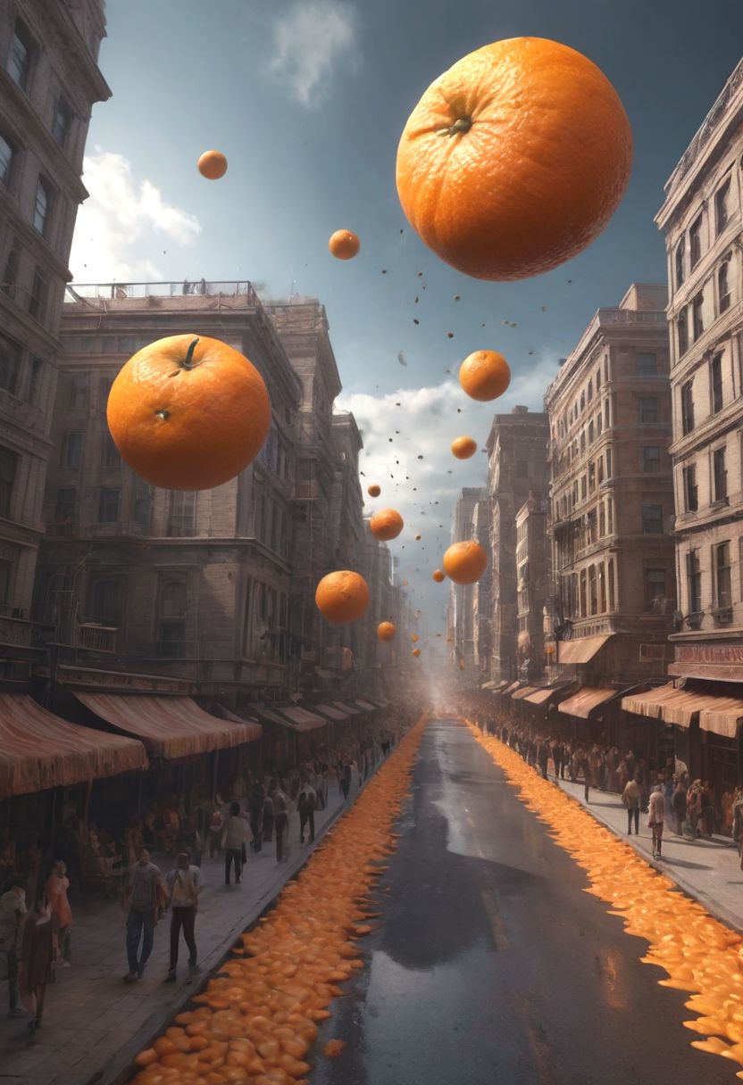 fantasy, horror fantasy, giantic orange fruit flying above city full of afraid people, pov of sidewalk, uhd 8k hyper-realistic intricate detail