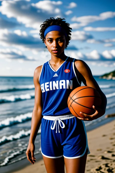 <lora:LCM_LoRA_Weights_SD15:1>,<lora:detail_slider_v4:1.3>,(radiant basketball player) 30year old adult <lora:Rei_Ayanami_v1:0.5>,reiayanami,(red eyes:1.1),(blue hair:1.1),short hair,bangs,(hair between eyes:1.1),shiny hair,Well-defined muscles body build, (freckles:0.8), black american, dark Tan skin, wearing a blue sleeveless shirt, compression shorts, performance sneakers, holding a basketball, elbow pad,headband, set in Beach Court, sandy court with portable basketball hoops, ocean view in the background, relaxed atmosphere with players in casual attire, clear weather, during winter, under the moonlight, ,, natural breasts,(full body:1.3),(full shot:1.3),(wide shot:1.3),(full body portrait:1.3),dutch angle:1.1,documentary photography, capturing reality, social issues, human experiences, photojournalistic storytelling, candid moments, authentic narratives, raising awareness, documenting history, preserving cultural heritage, immersive storytelling, evoking empathy, powerful imagery, journalistic integrity,
