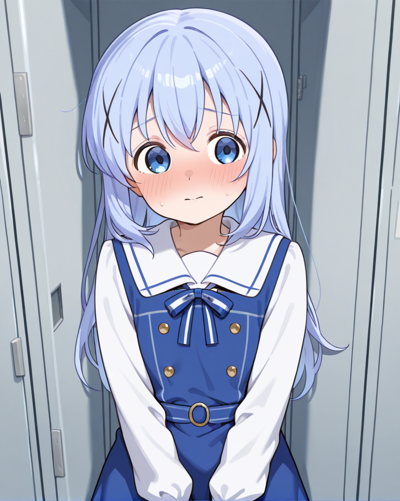 <lora:Chino_Kafuu:1> chino_kafuuor, 1girl, bright blue dress, embarrassed look, in the locker room