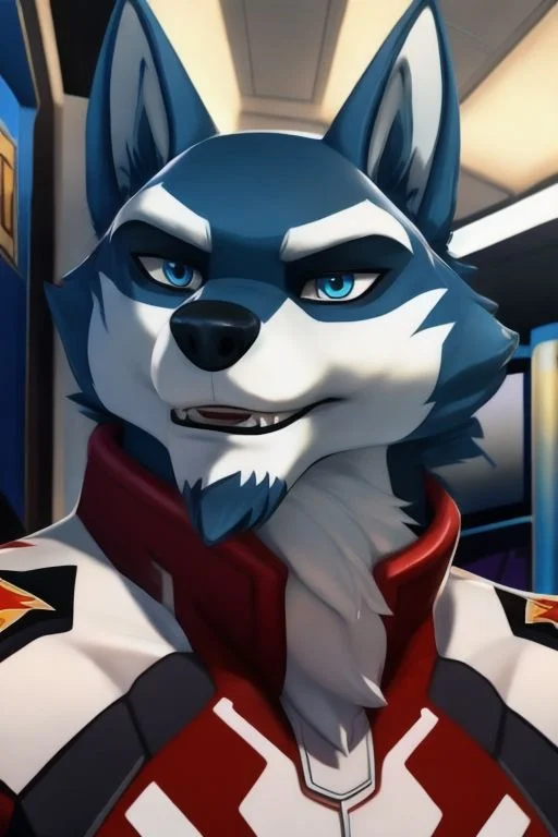 ASCIISelfie, Close up, male, cartoon wolf, ((wolf tail)) wearing racing suit, helmet, inside race car, solo, smirk, arms crossed, detailed lobby background, detailed blue wolf eyes, by Darkgem, 4k