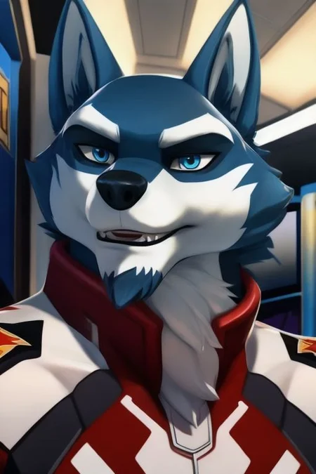 ASCIISelfie, Close up, male, cartoon wolf, ((wolf tail)) wearing racing suit, helmet, inside race car, solo, smirk, arms crossed, detailed lobby background, detailed blue wolf eyes, by Darkgem, 4k