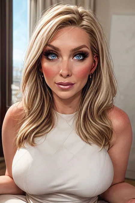 1 girl 35 years old, mature female, milf, blonde hair, long hair, straight hair, blue eyes, black eyebrows, big breast, amazing pert butt, amazing thighs, make up, round earrings, Portrait, close up,  milfy_mindy, hotmama, looking at the view, detail face, head turned,  white dress