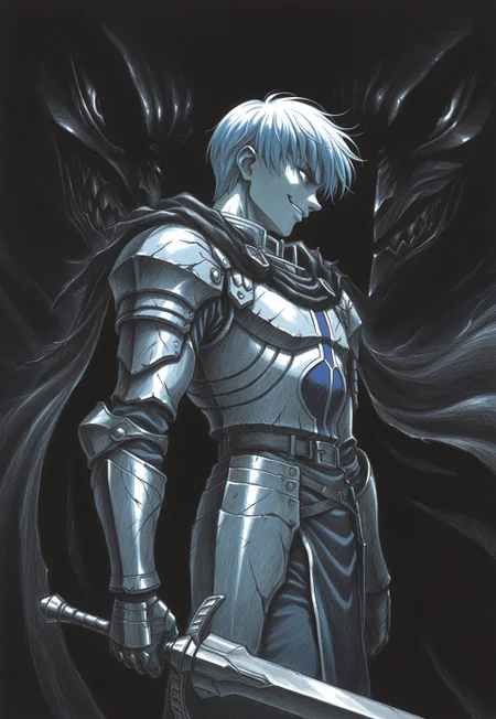 masterpiece, best quality, dark theme, 1boy, 1990s \(style\), 1994, traditional media, rough sketch, linear hatching, himmel the hero, villain pose, armor, corrupted, kentaro_miura_style, smirk, sword, side view, solo
