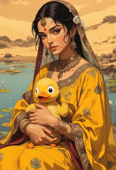 A hyper-realistic midshot portrait of a woman holding Psyduck, captured from a mid-angle view. She is the central focus, dressed in elaborate yellow North Indian regal attire—an embroidered lehenga with rich gold and maroon patterns, paired with a sheer silk dupatta that flows over her shoulder, edged in intricate zari work. Her look is completed with traditional jewelry: a gold choker, jhumkas, a nath, stacked bangles, and a maang tikka resting on her forehead. Her dark hair is neatly tied back and adorned with jasmine flowers, framing a face marked by calm confidence and soft expression, emphasized by a red bindi and subtle makeup. Cradled gently in her arms is Psyduck, whose wide, puzzled eyes and round yellow form contrast playfully with her grace. The background, softly blurred to keep attention on them, shows a quiet desert pond where water lilies and duckweed float on the surface, adding a serene touch to the golden sands. The composition draws all attention to the emotional connection between the woman and Psyduck, highlighting warmth and surreal charm.