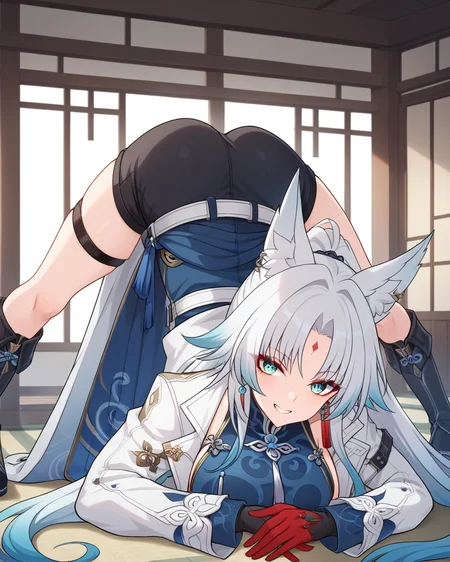 score_9, score_8_up, score_7_up, <lora:SH_HSR_Feixiao_Civ-000006:0.7>, SH_HSR_Feixiao, Feixiao, 1girl, evil grin, looking at viewer, red eyeliner, makeup, forehead mark, white hair, very long hair, gradient hair, blue hair tips, ponytail, aquamarine eyes, animal ears, white coat, open coat, long sleeves, belt, open clothes, big breasts, dress, black shorts, bangs, knee boots, thigh strap, parted bangs, black footwear, tassel, blue dress, tassel earrings, blue shirt, gloves, red fingers, chinese clothes, dojo, jack-o-pose