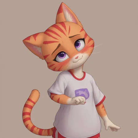 SuperKitties, Anthropomorphic body, Ginny, mammal, furry, orange tabby munchkin, \(artwork\), high quality/resolution, 4K, 2023, solid color background, solo focus, shaded, portrait, fur, female, biped, short stack, purple eyes, red stripes( in between 2 zig zag stripes), cat tail, ears down, chestnut (color) orange thin eyebrows, eyes opened, blushing red face, light pink solid color shirt, oversized shirt, magenta dolphin shorts, looking at the viewer, one eyelash, POV, incoming hug, smiling, sad, mouth slightly open, no hair only fur, shading, oval-shaped head, white whiskers, white vanilla colored hands and feet (paws) close up, head slanted sideways