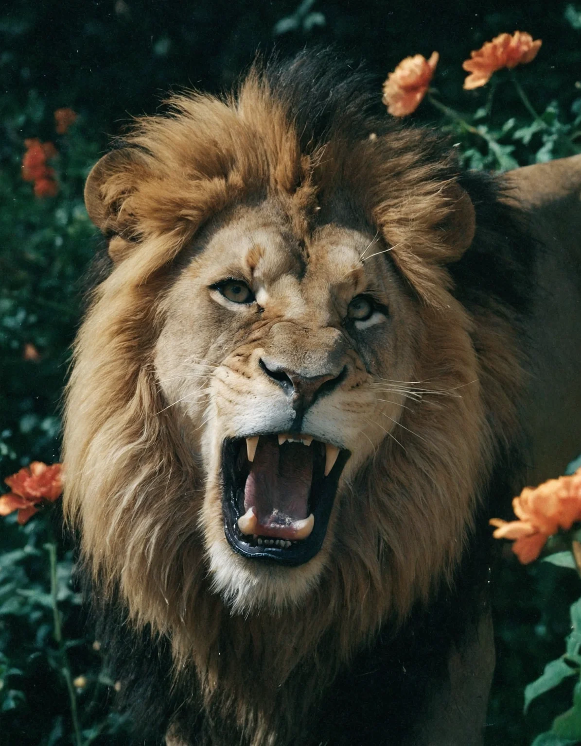 photo of a gorgeous roaring lion with an image filled with deep darks in the style of an analog film grain, background with flowers, amazing natural lighting, brilliant composition