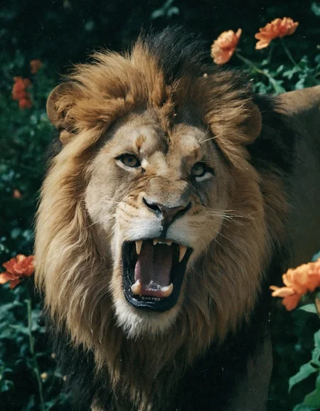 photo of a gorgeous roaring lion with an image filled with deep darks in the style of an analog film grain, background with flowers, amazing natural lighting, brilliant composition
