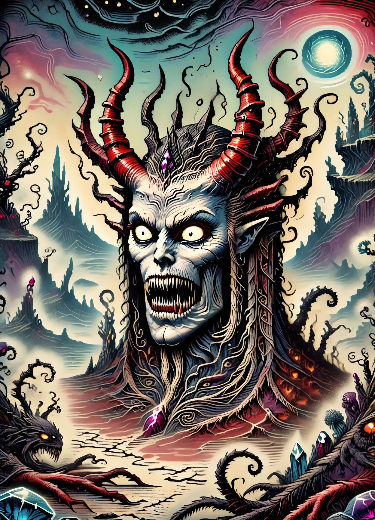 DonM5by55Pr1n7XL, score_9, score_8_up, score_7_up, score_6_up, abysal, 2d illustration, diablo, large menacing demon, horned demonic appearance, red and dark colored leathery skin, formidable powers, lord of terror, powerful, malevolent, gaming,tarnished,exploring waters,crystal-clear,solitude,uninhibited,aurora,extremist ,  rating_safe  <lora:DonM5by55Pr1n7XL-pony:1.1>