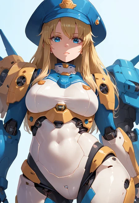 score_9, score_8_up, score_7_up, 1girl, original, blonde hair, blue eyes, hat, long hair, mecha, robot