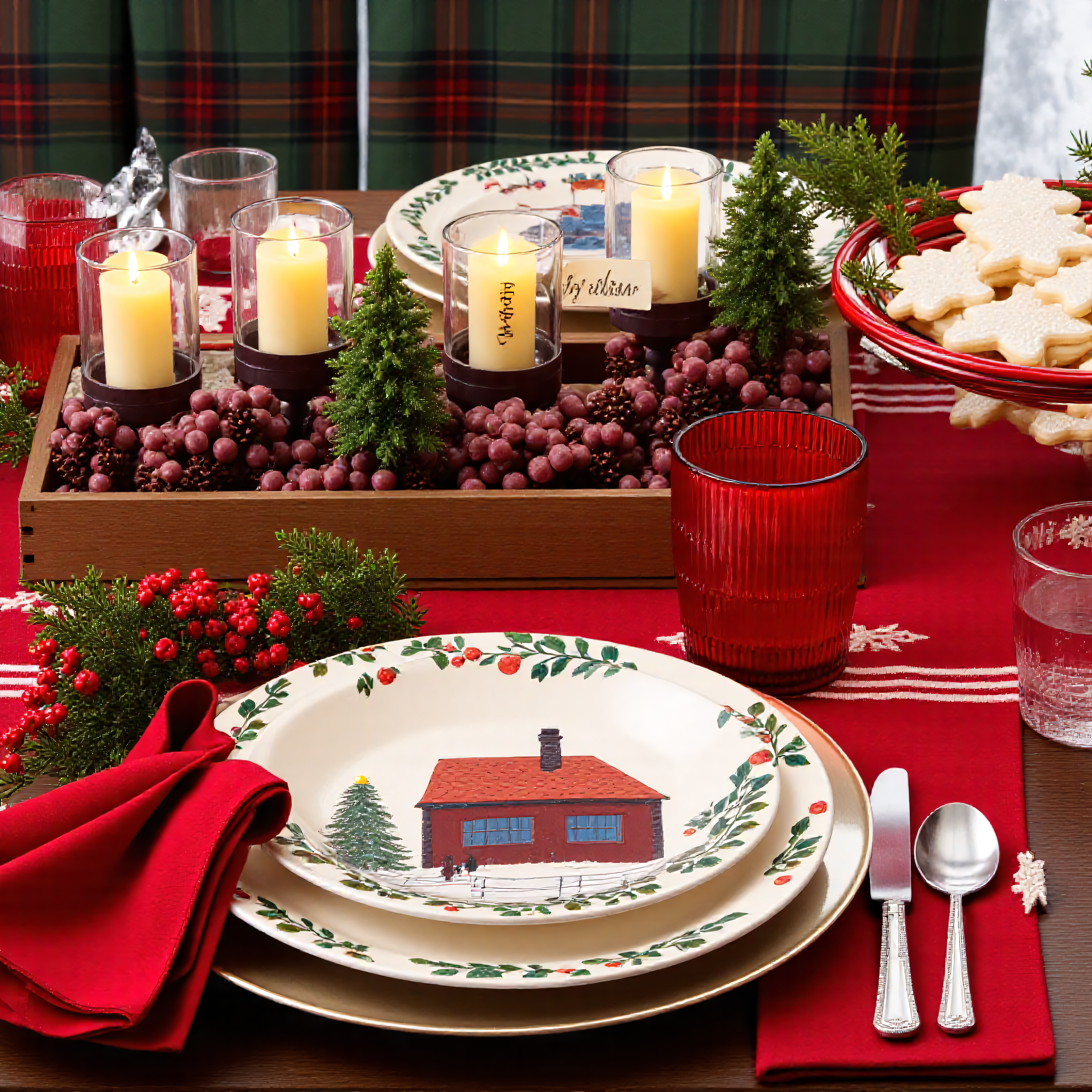 A festive, elegant Christmas dinner table setting. Hyperrealistic, detailed image of a wooden table adorned with a red and white plaid tablecloth. Four pillar candle holders with warm, glowing candles are centrally placed on a rustic wooden tray filled with sugared cranberries and pinecones. Small Christmas trees and place cards are nestled among the berries. Place settings include red napkins adorned with greenery and berries, white dinner plates featuring a winter scene with a red barn and snowman, and accompanying silver chargers. Crimson-colored goblets and clear drinking glasses complete the table decor. Several snowflake-shaped Christmas cookies with frosting are displayed close to the table. The scene is bathed in warm, inviting light, evoking a cozy, festive Christmas atmosphere. The colors are rich and vibrant, including warm reds, whites, greens, and browns. The composition focuses on the place settings and the decorative elements, highlighting the details of the table arrangement. The texture of the table cloth, wooden tray and the detailed patterns in the dinnerware are prominent.