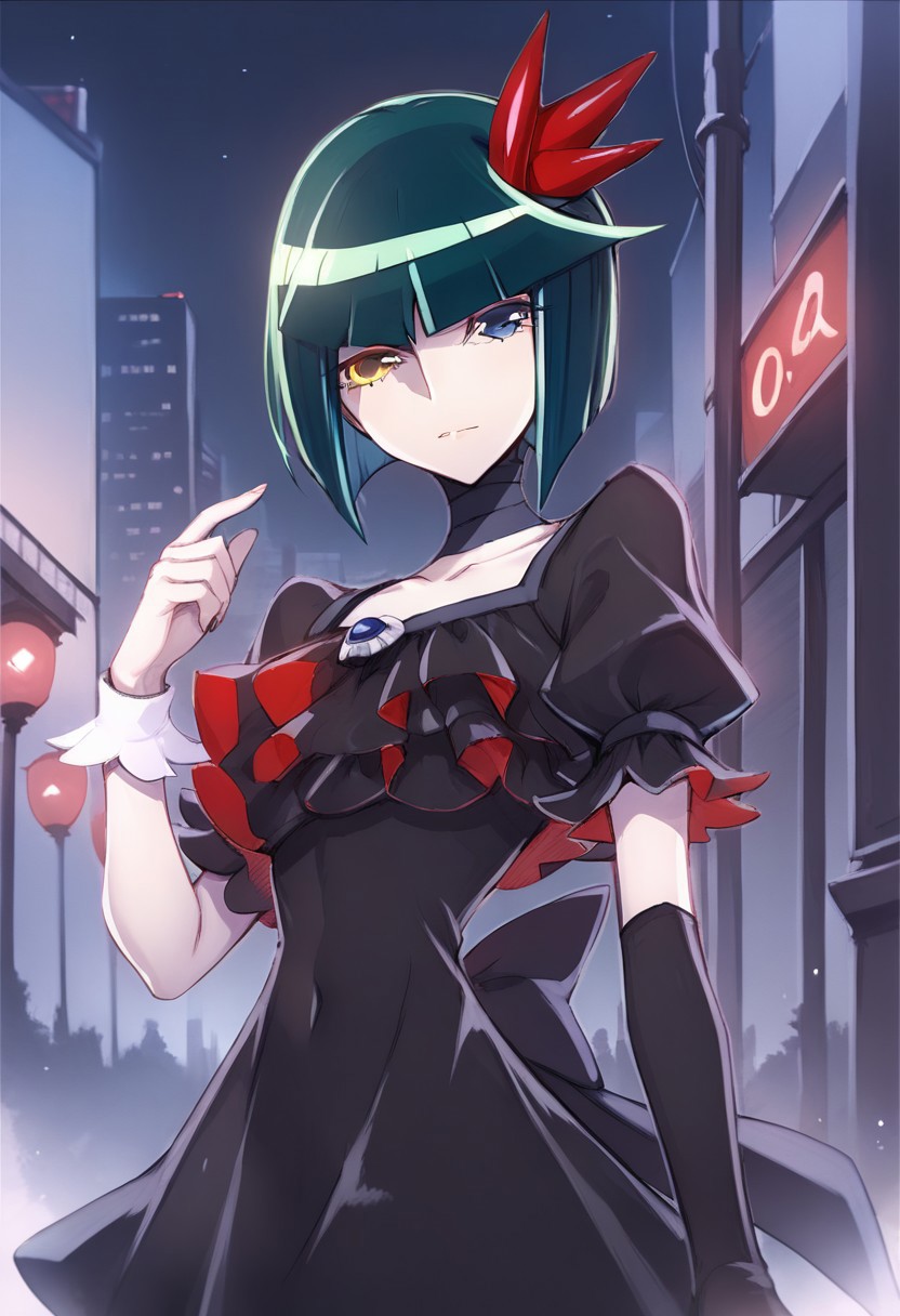 score_9, score_8_up, score_7_up, at room. Indoor,1 female,street view, city view , at night, moonlight,1 female,night view, moonlight,darkprecure, head accessory, green hair, short hair, odd-eyes, right hand black long gloves, single wing, black dress,white wrist band on left hand