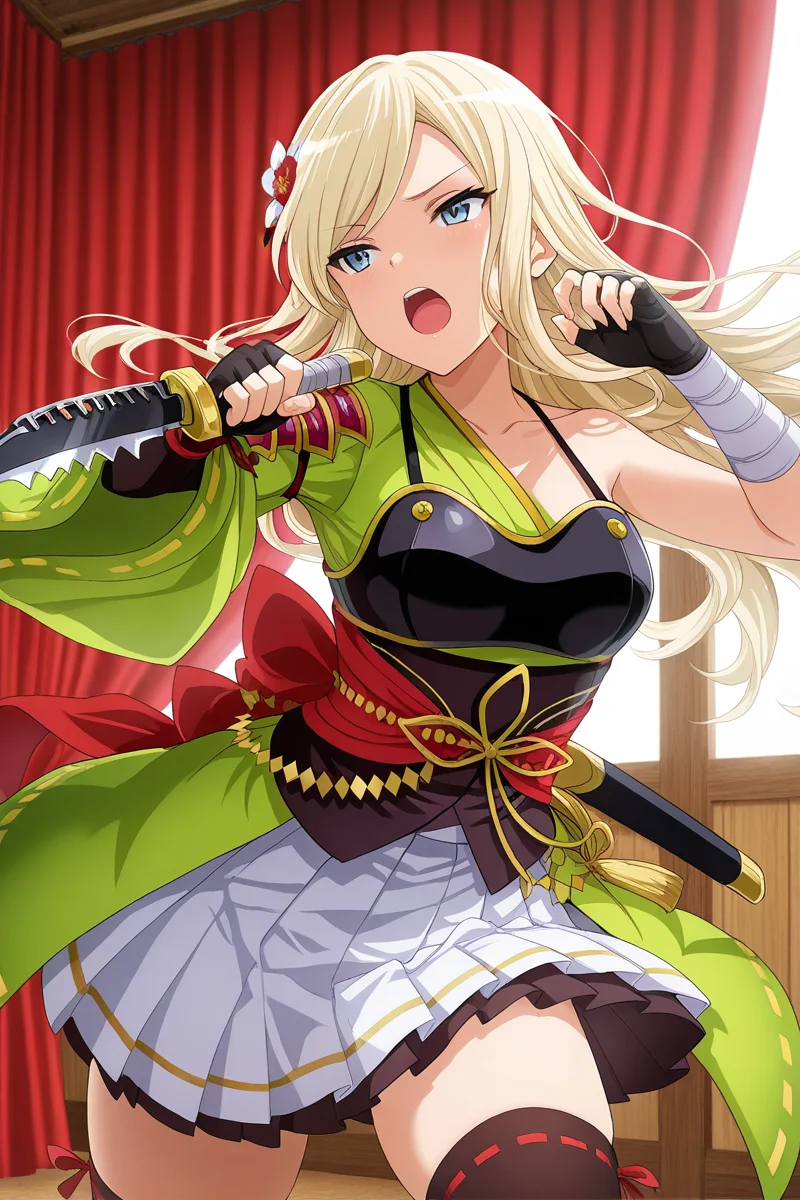 masterpiece, best quality, amazing quality,
<lora:Fumi_IL:1> fumi, 1girl, blonde hair, solo, gloves, thighhighs, long hair, weapon, skirt, fingerless gloves, asymmetrical sleeves, hair ornament, open mouth, blue eyes, hair flower, flower, holding, black thighhighs, japanese clothes, black gloves, holding weapon, pleated skirt, armor, white skirt, knife, stage outfit, red curtains