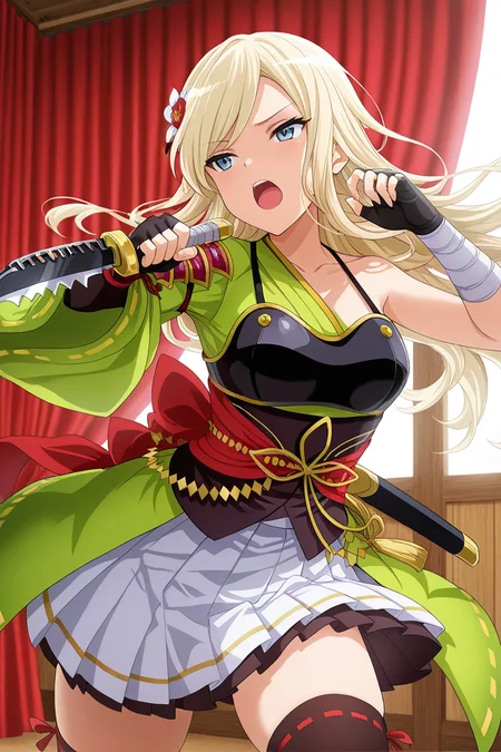 masterpiece, best quality, amazing quality,
<lora:Fumi_IL:1> fumi, 1girl, blonde hair, solo, gloves, thighhighs, long hair, weapon, skirt, fingerless gloves, asymmetrical sleeves, hair ornament, open mouth, blue eyes, hair flower, flower, holding, black thighhighs, japanese clothes, black gloves, holding weapon, pleated skirt, armor, white skirt, knife, stage outfit, red curtains
