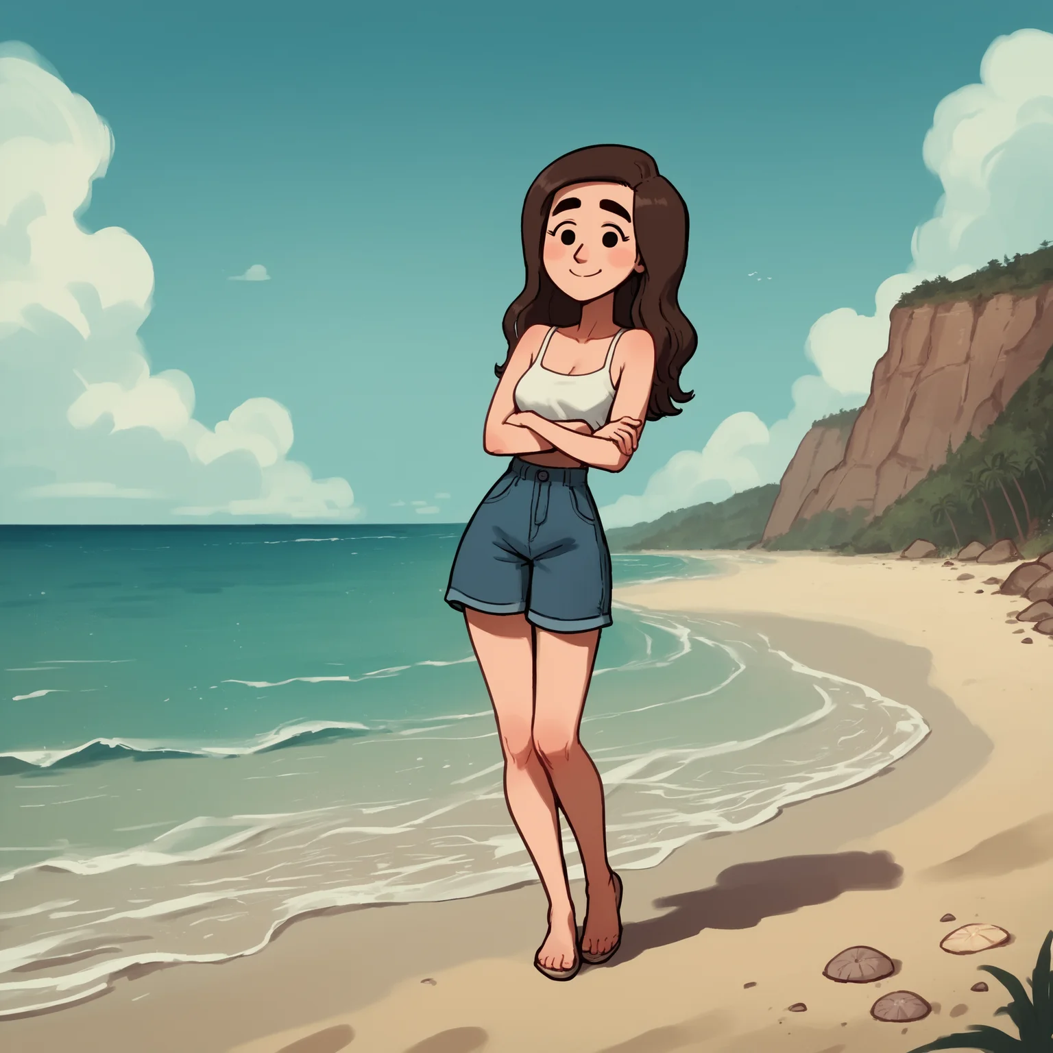 score_9, score_8_up, score_7_up, score_6_up, score_5_up, 1girl, solo, full body,
(source_cartoon),
<lora:Caroline (Storybooth):0.9>
Caroline_Storybooth, dark brown hair, dot eyes, thick eyebrows, long hair, smile,
outdoors, beach, water, blue sky,
<lora:Expressive_H:0.7> Expressiveh,
<lora:add-detail-xl:0.9>