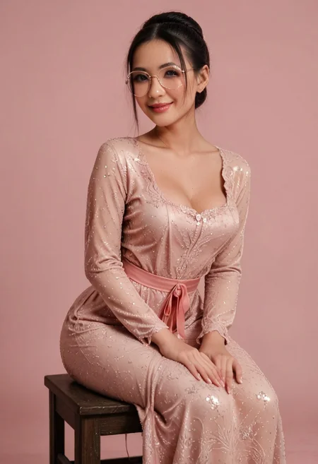 score_9, score_8_up, score_7_up, masterpiece, 1girl, (solo:1), human,
simple pink background,
21 years old, Japanese, Asian, supermodel, beautiful face, (black hair with pink highlight:1.1), (blue eyes:1.1), bun hairstyle, white pale skin,
narrow shoulder, voluptuous breasts, 40GG cup breasts, perky breasts, alluring neckline, deep cleavage, soft body, sexy body, wide hips, narrow waist, thick thighs, defined thigh gap, curvaceous big round butt,
elegant pose, back view, leaning slightly forward, sitting on a stool, hands on thighs,
cute facial expression, blushing, glossy lips, (pink lips:1.1), mouth closed, smiling, natural make up, round glasses, tight thigh-length white color kebaya dress, very low neck cut,
dramatic shadows, highly detailed, detailed skin,
Kebaya,