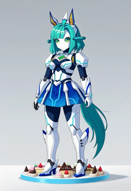 1girl, green eyes, robot, android, mechanical ears,  animal ears, green hair, blue hair, no mouth, humanoid robot, tail, bangs, robot joints, horse ears  horse tail, 
, mechamusume,cake art, lighting from behind pyramid,,  1girl, green eyes, robot, android, mechanical ears, animal ears, green hair, blue hair, no mouth, humanoid robot, tail, bangs, robot joints, horse ears
made of cake background objects, ,