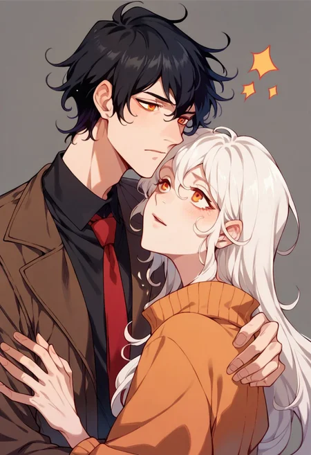 score_9, score_8_up, score_7_up, score_6_up, score_5_up, couple, man with brown suit, red tie, black shirt, black hat with ornaments, bangs, black hair, orange eyes, she with brown sweatshirt, black shirt, long white hair, red eyes
