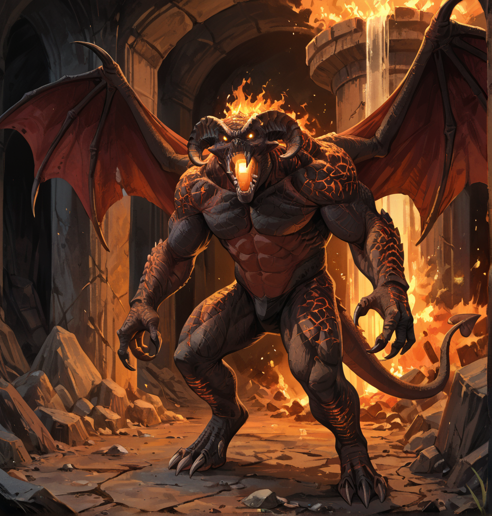 safe_pos, score_9_up,score_8_up,score_7_up,score_6_up,score_5_up,score_4_up, masterpiece, high quality, digital painting, source_monster,  zPDXL3, BREAK,
cave, underground, lair, arms raised, attacking, standing, full body,
balr0g, demon, monster, creature, fire, brimstone, scales, cracked skin, muscular, pectorals, abs, glowing eyes, orange eyes, no pupils, horns,
wings, demon wings, claws, tail, digitigrade, four fingers, two toes, glowing nostrils, sharp teeth, glowing,
<lora:Balrog for PonyXL v2:0.70>, <lora:AdvancedEnhancerXLv2:4>