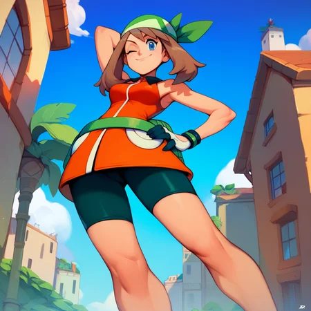 zPDXL2, score_9_up, score_8_up, score_7_up, masterpiece, detailed background, from below, source_anime, blue background, town, buildings, sidewalk, (narrowed eyes, smug, posing, one hand behind head, one hand on hip,), 1girl, solo, may_\(pokemon emerald)\, brown hair, twintails, blue eyes, bandana, gloves, green bandana, orange jacket, green fanny pack, bike shorts, bare shoulders, one eye closed, looking at viewer, <lora:PDXL_Mayerald_PKMN:1>