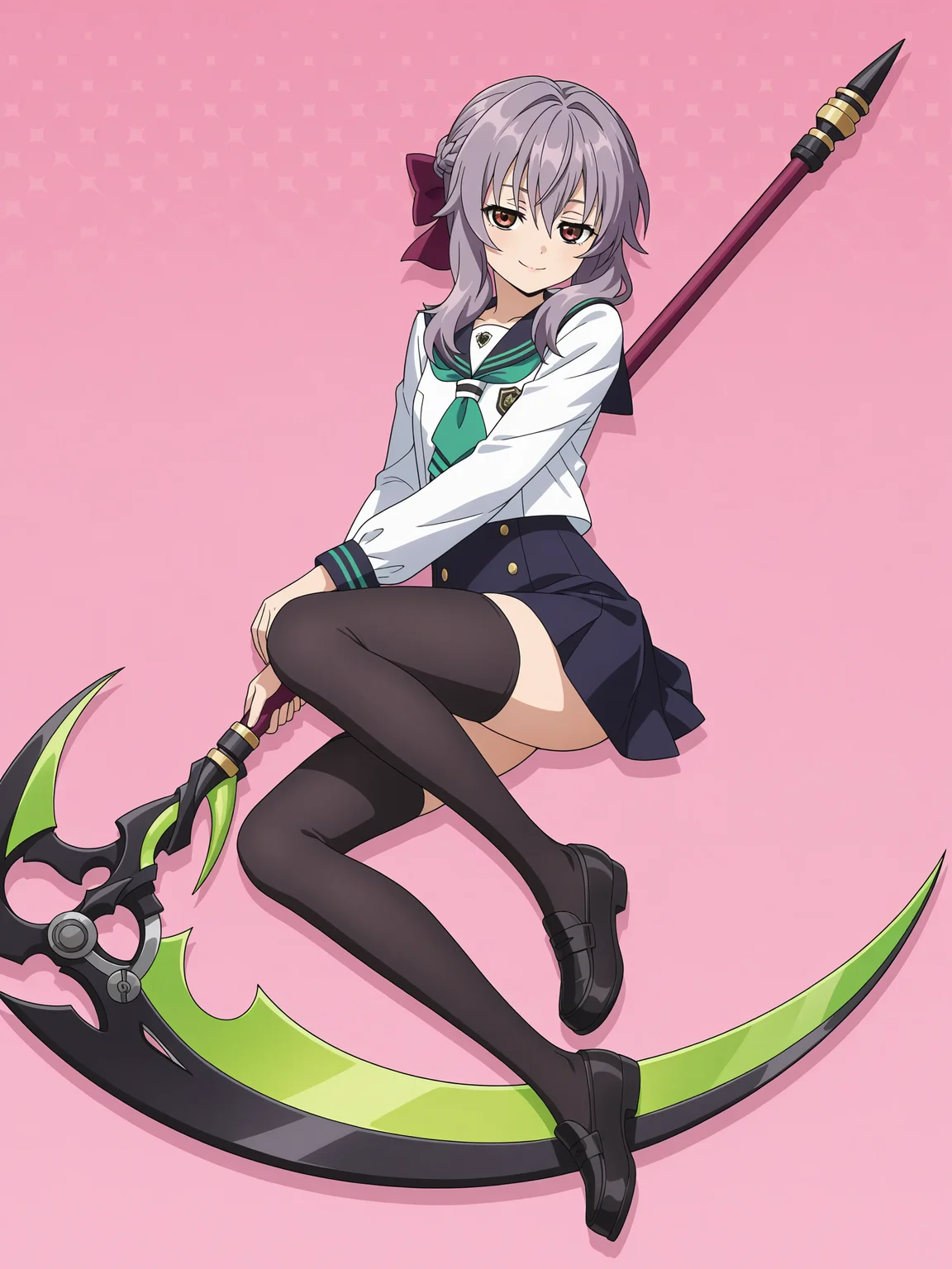 <lora:shinoa:1>,shinoa,seductive smile,full body,green scythe,school uniform,thighhighs, braid