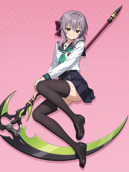 <lora:shinoa:1>,shinoa,seductive smile,full body,green scythe,school uniform,thighhighs, braid