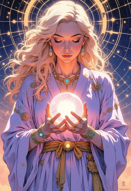 This striking modern anime illustration features a regal female figure with soft, pastel-pink skin and voluminous, curly golden-blonde hair, cascading around her shoulders like a halo. She wears a flowing, luminescent lilac robe adorned with shimmering, celestial embroidery, resembling constellations across the fabric. The robe is cinched at the waist with a radiant, golden belt that glows faintly, complementing the delicate, holographic jewelry draped around her wrists and neck.
In her hands, she delicately cradles a floating, translucent orb pulsating with soft sapphire light, tiny stars swirling within its core as if holding a fragment of the universe itself. The background is an endless gradient of deep indigo and warm violet, with swirling golden celestial lines forming an intricate optical illusion, pulling the viewer into an astral dreamscape that mirrors the character’s cosmic energy.
