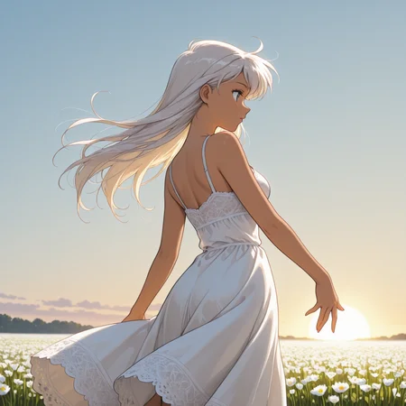 1girl, tan skin
Classic White Sundress â Light, breezy fabric with delicate lace trim. (Pose: spinning, hair flowing; from the side; Setting: flower field at golden hour.)
<lora:DarkfireWeeb4:1>