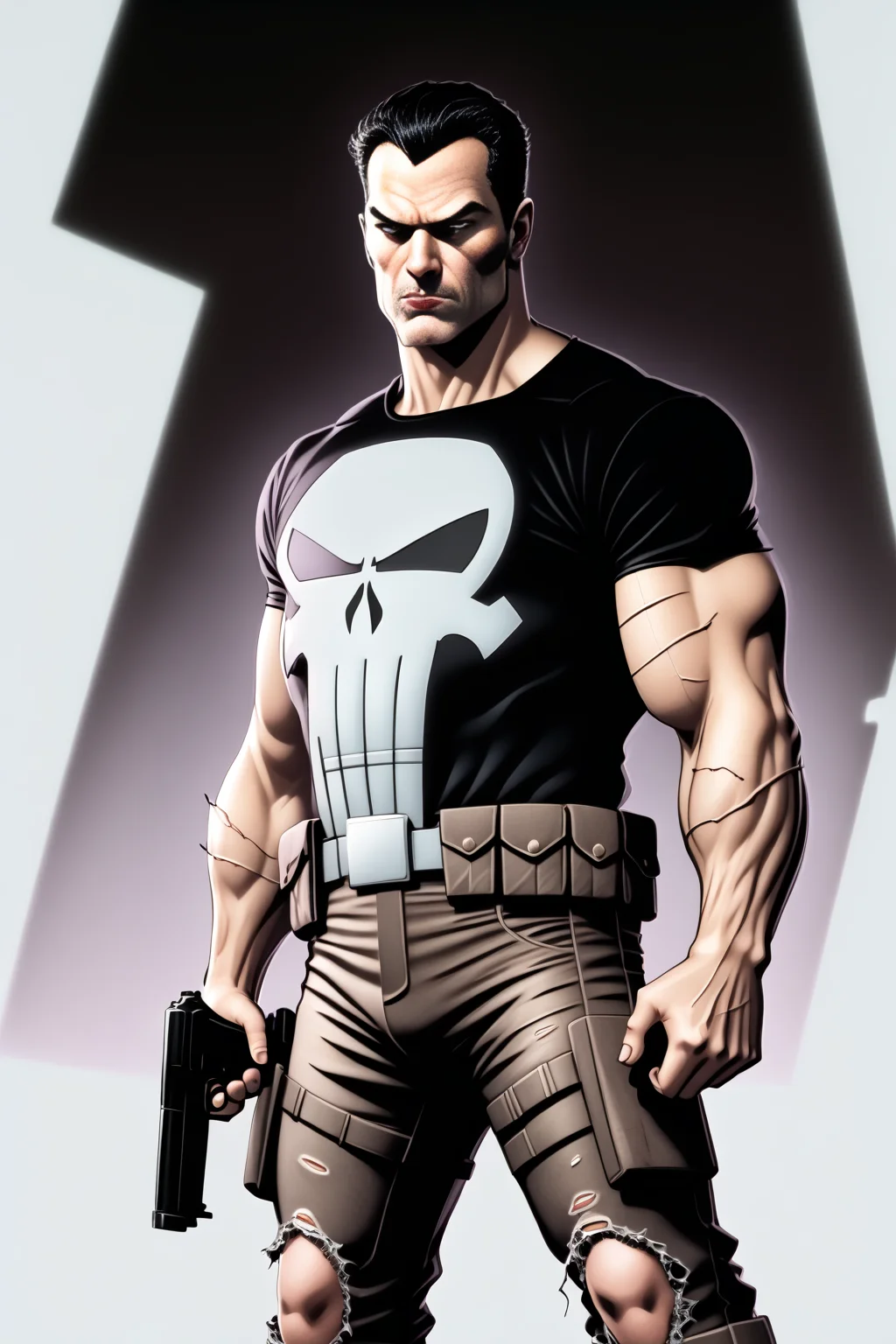 score_9,<lora:add-detail-xl:1>,<lora:ComicsPonyXL_V2:1> Comistyle,<lora:Punisher_PDXL_spamb0t:0.8>,Marvel_Punisher,(1boy:1.3)
BREAK [SEP] (short black hair),black t-shirt,black military pants,black trenchcoat,muscular male
BREAK [SEP] (black shirt with white punisher skull on shirt)
BREAK [SEP] ripped shirt,torn pants,very sweaty,sweaty clothes,cuts,scrapes,bruises
BREAK [SEP] holding a handgun,hold a gun
BREAK [SEP] dynamic action pose,determined expression
BREAK [SEP] high quality,film grain,cinematic lighting,volumetric lighting,model shoot,abstract urban background
BREAK [SEP] (hyper detail,insanely detailed,best quality,masterpiece,photorealistic:1.4)