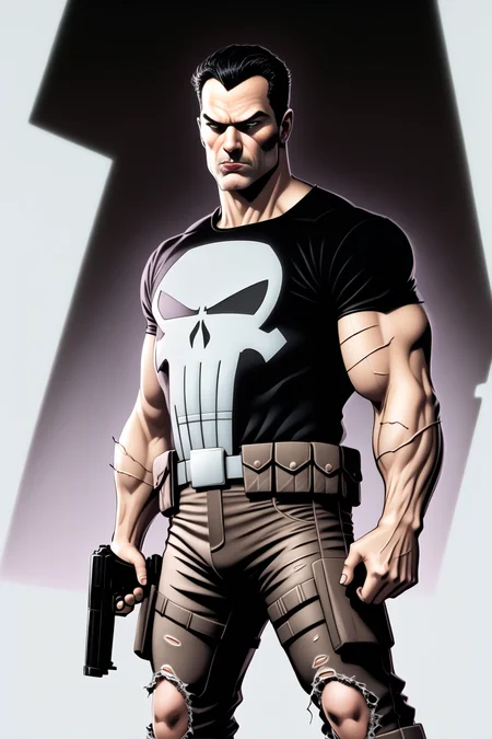 score_9,<lora:add-detail-xl:1>,<lora:ComicsPonyXL_V2:1> Comistyle,<lora:Punisher_PDXL_spamb0t:0.8>,Marvel_Punisher,(1boy:1.3)
BREAK [SEP] (short black hair),black t-shirt,black military pants,black trenchcoat,muscular male
BREAK [SEP] (black shirt with white punisher skull on shirt)
BREAK [SEP] ripped shirt,torn pants,very sweaty,sweaty clothes,cuts,scrapes,bruises
BREAK [SEP] holding a handgun,hold a gun
BREAK [SEP] dynamic action pose,determined expression
BREAK [SEP] high quality,film grain,cinematic lighting,volumetric lighting,model shoot,abstract urban background
BREAK [SEP] (hyper detail,insanely detailed,best quality,masterpiece,photorealistic:1.4)
