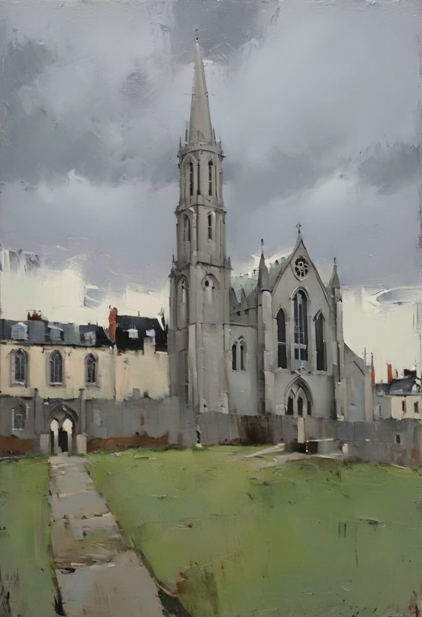 detailxl, easynegative, in the style of malcolm-liepke, Landscape Render, no humans, BREAK, wind, grey sky, rain, church tower