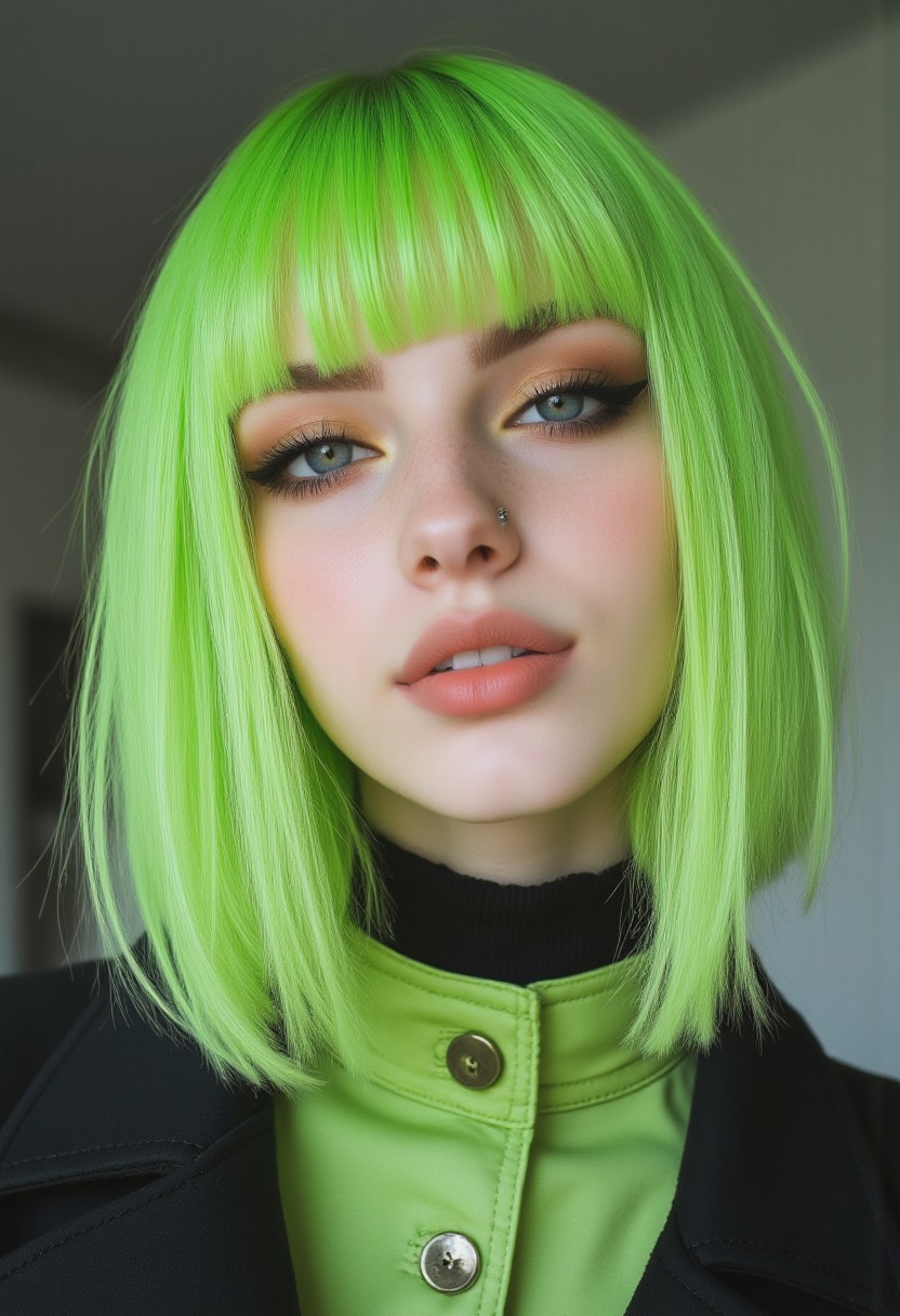 FictionalApple, goth girl with a lime green bobcut with blunt bangs. Closeup of face covered in yogurt