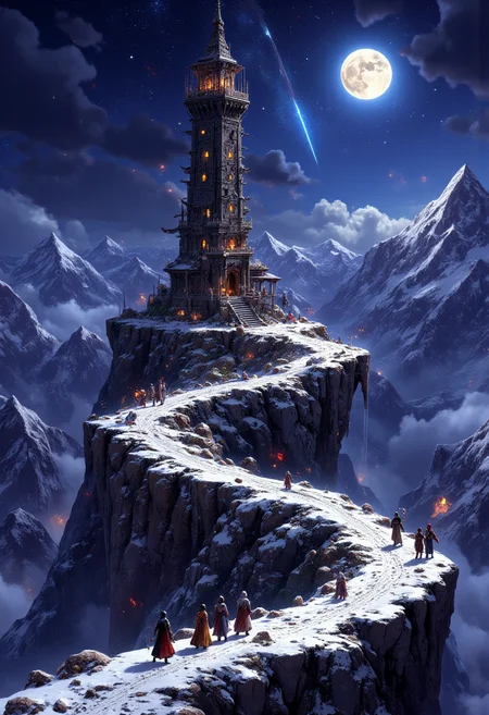 high quality, ultra detailed, colorful, abstract, fantasy, aidmaMJ6.1, bo-abyss, A D&D group of adventurers travelling in a fantasy world, arriving at a magicianâs tower on the top of a snowed mountain. The tower looks like a fantasy medieval strata observatory. It is night and there are a lot of stars, a meteor far away and a full light moon in the sky. <lora:aidmaMJ6.1v0.4:0.8> <lora:digital-abyss:1> <lora:FluxMythP0rtr4itStyle:0.7>