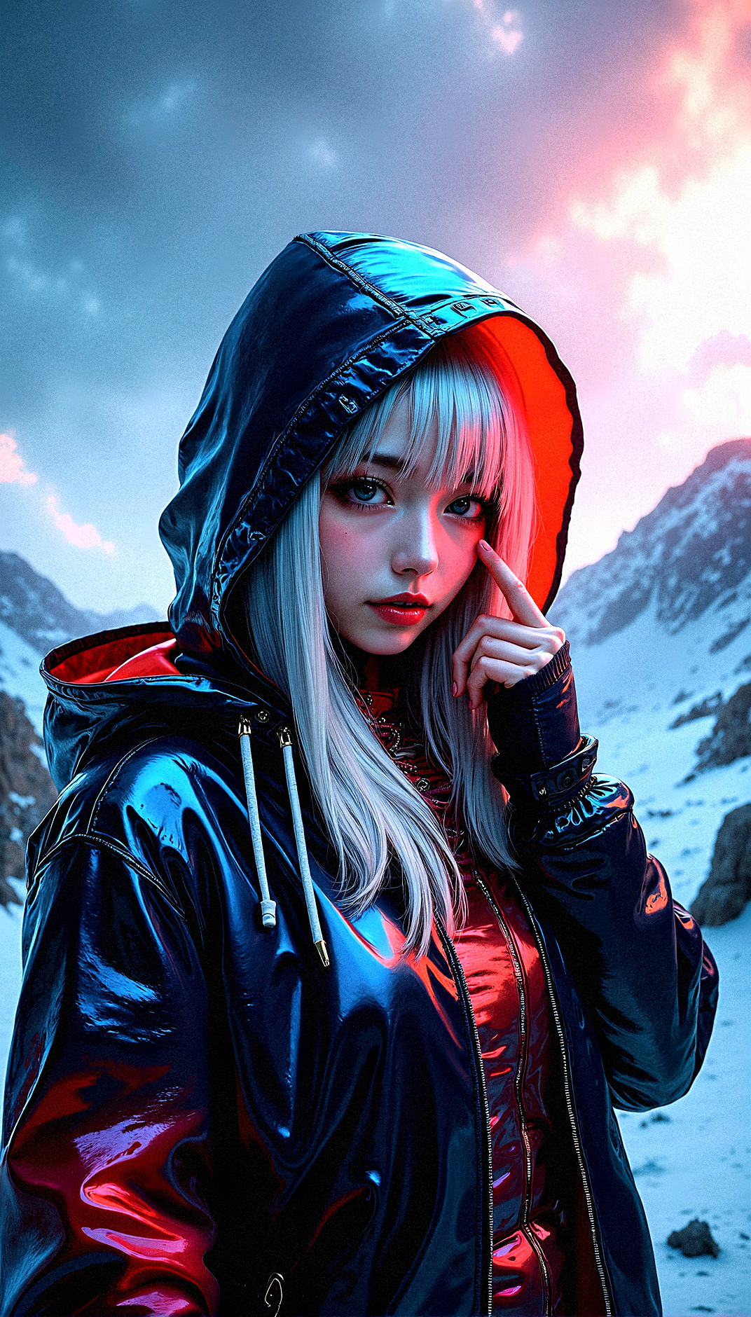 A mysterious beauty is the focal point of this intricate digital artwork, her shining silver hair barely visible beneath a stylish hooded jacket with neon lining. The jacket is made of a reflective, almost metallic material that catches and refracts light in complex ways, creating a visually stunning texture. The figure’s eyes are hidden in the shadows of the hood, adding to the air of mystery and intrigue. The background features a dramatic, on a cold mountain summit, cloud-filled sky, rich with vibrant colors and swirling patterns, as if nature itself is in turmoil or transition. The lighting is intense, with beams of light cutting through the clouds, casting dynamic shadows across the figure’s face and clothing. The overall composition is highly complex, with rich, saturated colors and extreme detail, making every element—from the texture of the jacket to the vibrant sky—stand out with striking clarity and depth.

Fingers lightly touching the temples, indicating concentration