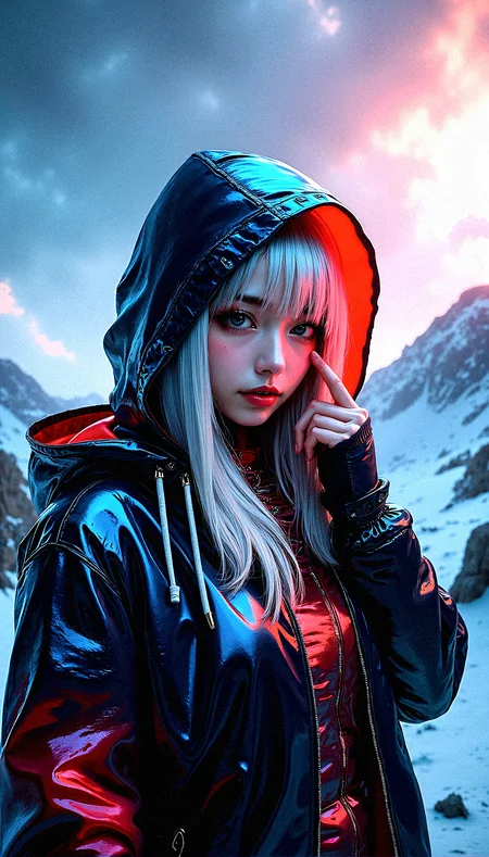 A mysterious beauty is the focal point of this intricate digital artwork, her shining silver hair barely visible beneath a stylish hooded jacket with neon lining. The jacket is made of a reflective, almost metallic material that catches and refracts light in complex ways, creating a visually stunning texture. The figure’s eyes are hidden in the shadows of the hood, adding to the air of mystery and intrigue. The background features a dramatic, on a cold mountain summit, cloud-filled sky, rich with vibrant colors and swirling patterns, as if nature itself is in turmoil or transition. The lighting is intense, with beams of light cutting through the clouds, casting dynamic shadows across the figure’s face and clothing. The overall composition is highly complex, with rich, saturated colors and extreme detail, making every element—from the texture of the jacket to the vibrant sky—stand out with striking clarity and depth.
Fingers lightly touching the temples, indicating concentration
