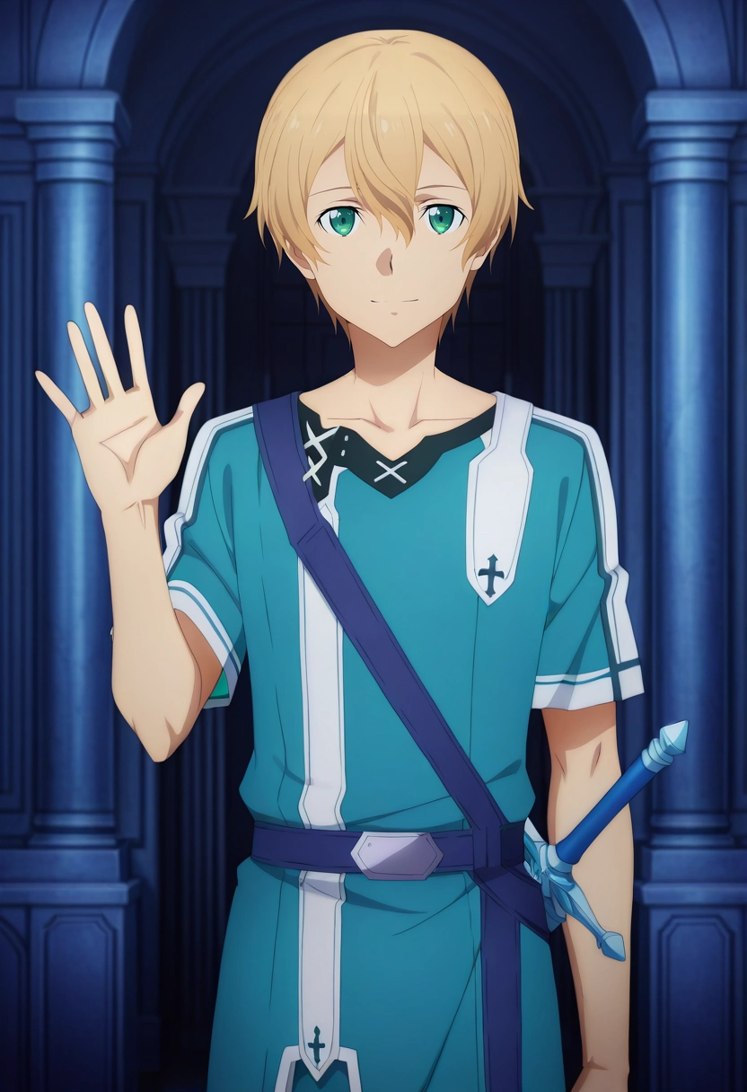 masterpiece, best quality, , anime screencap, anime coloring, official style, , 1boy, solo, male focus, <lora:eugeo_sao_ilxl:0.98>, eugeo_sao, blonde hair, green eyes, bangs, hair between eyes, short hair, sword, straight-on, fantasy land, indoors, dark, waving, light smile,
