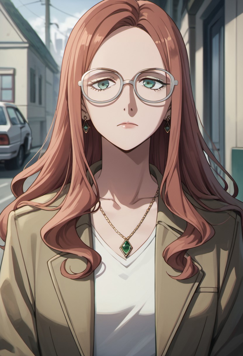 score_9, score_8_up, score_7_up, source_anime, sylvia sherwood, long hair, reddish-brown hair, green eyes, glasses, jewelry, 1girl, earrings, shirt, closed mouth, solo, collarbone, ground vehicle, jacket, necklace, sidelocks