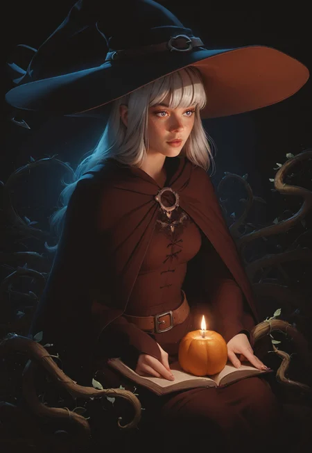 safe_pos, 1girl, silver hair, red lace robes, witch, witch hat, 

magic, glowing, lighting, sitting, Halloween pumpkins, candles, vines, moss, 

long hair, bangs, small breasts, freckles, freckled,

simple ethereal dark background, glowing orange  constellations, iridescent, upper body, 

score_8, score_9_up,