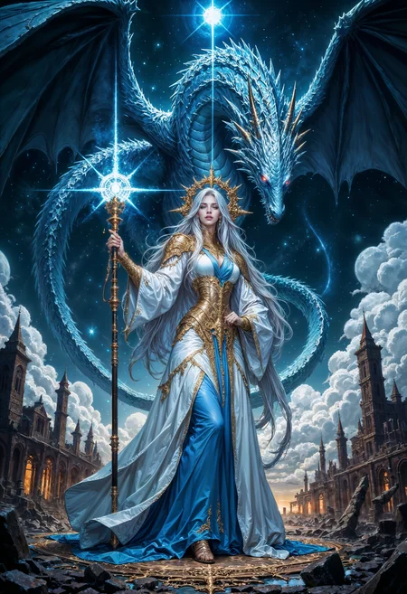 An1meL1nes, A highly detailed, a powerful female warrior with long, flowing silver hair. She stands confidently in the foreground, holding a glowing, ornate staff in her right hand. Her attire is regal and ornate, consisting of a long, flowing white and blue gown with gold accents, and she wears intricately designed golden armor on her shoulders and forearms. Her left hand rests on her hip, exuding strength and authority. Behind her, a magnificent dragon with a serpentine body and icy blue scales emerges from the darkness. The dragon's head is adorned with a fierce, glowing crown of light, and its eyes burn with an intense, radiant energy. The dragon's wings are outstretched, adding to the dramatic composition of the image. The background is a night sky filled with swirling clouds and celestial bodies, including stars and a bright, glowing nebula. Below the warrior and dragon, the ruins of a grand, ancient city can be seen, with crumbling spires and towers, adding to the epic fantasy atmosphere. The entire scene is bathed in a mix of cool and warm tones, with a sense of power, magic, and adventure. <lora:FluxMythAn1meL1nes:1>